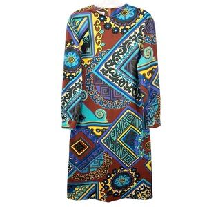Vintage Dalton Brown Blue Geometric Print 70s Poly Knit Long Sleeve Midi Dress M